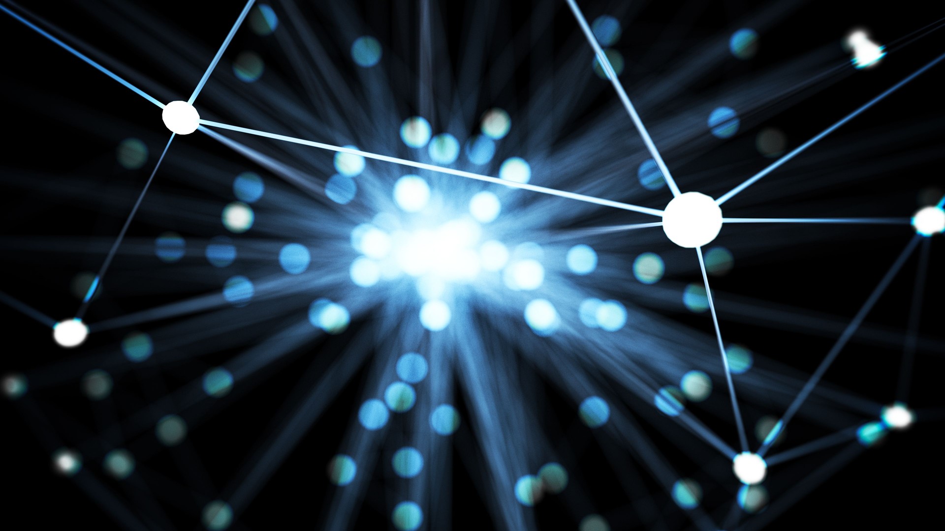 Noeud de réseau abstrait bleu technologie futuriste. Câble data line ligne de liaisons de transmission et le concept de structure de communication. Neurones et élément de thème d’électrons. Illustration 3D.